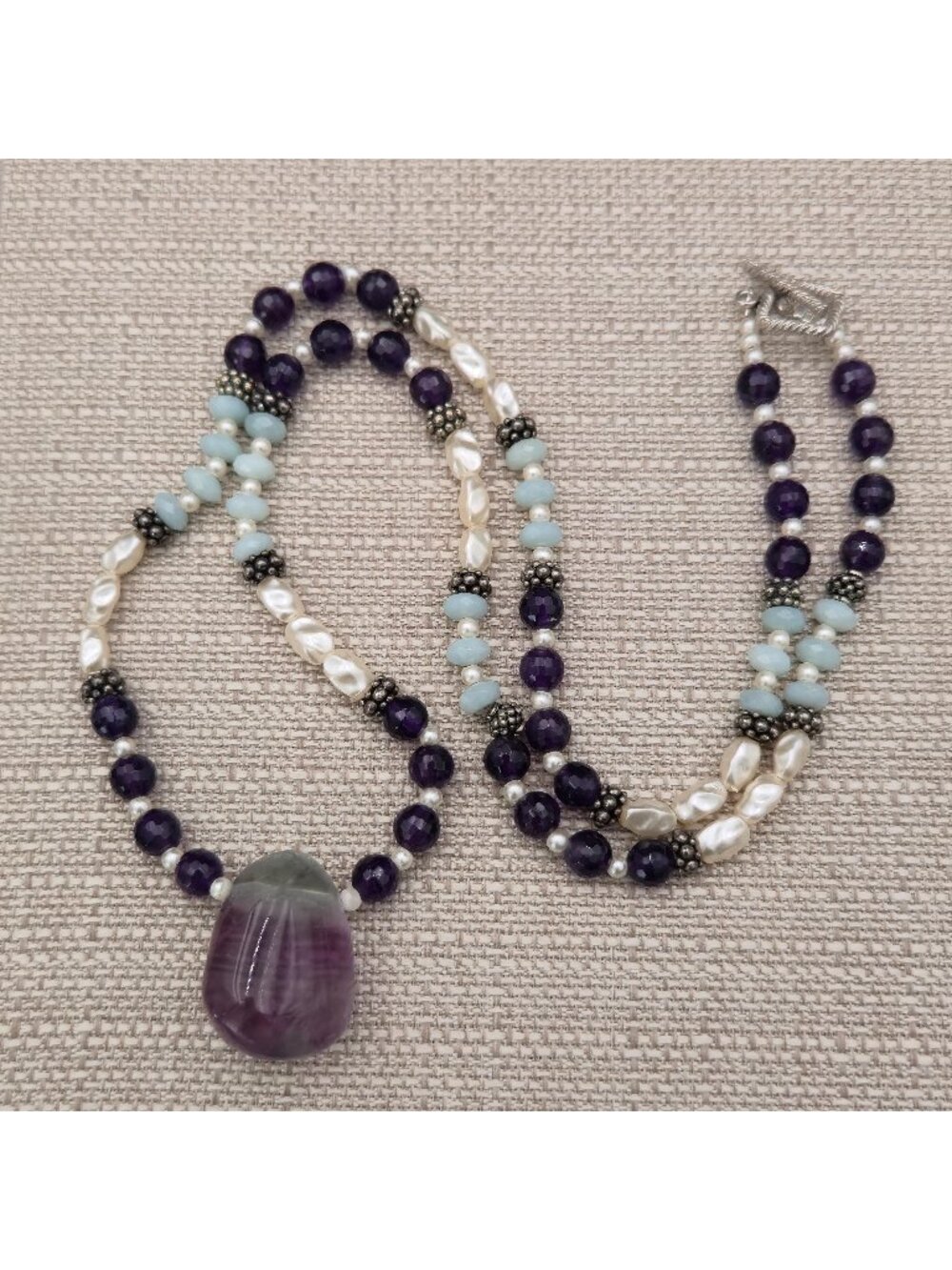 32 Inch Sterling Silver Multi-Gemstone Rainbow Fluorite Amethyst Pearl Necklace